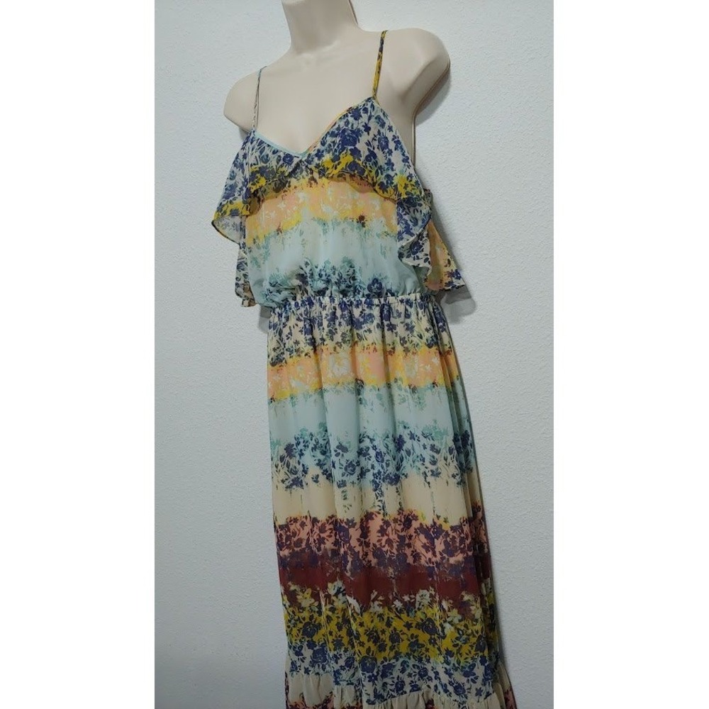 Bebe Floral Print Maxi Dress L Ruffle Tiered Spaghetti Strap V Neck Yellow Blue - Picture 4 of 13